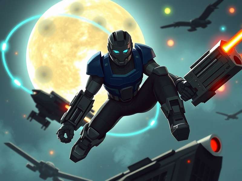 Jydge in action within a cyberpunk city, firing a customized Gavel rifle