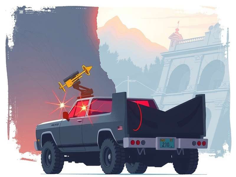 Aaron Jydge in action, firing his gavel rifle in a neon city