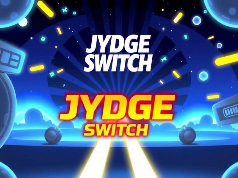 Jydge Switch gameplay scene showing cyberpunk Garden City with neon lights and the Jydge character holding a futuristic weapon