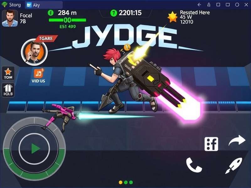 Jydge Apk Mod cyberpunk top-down shooter action scene with neon lights and futuristic cityscape