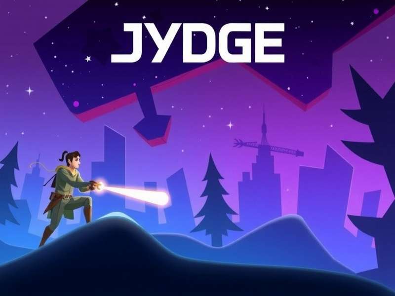 Jydge PS5 gameplay screenshot showing Eden City cyberpunk skyline with Justice Enforcer HUD