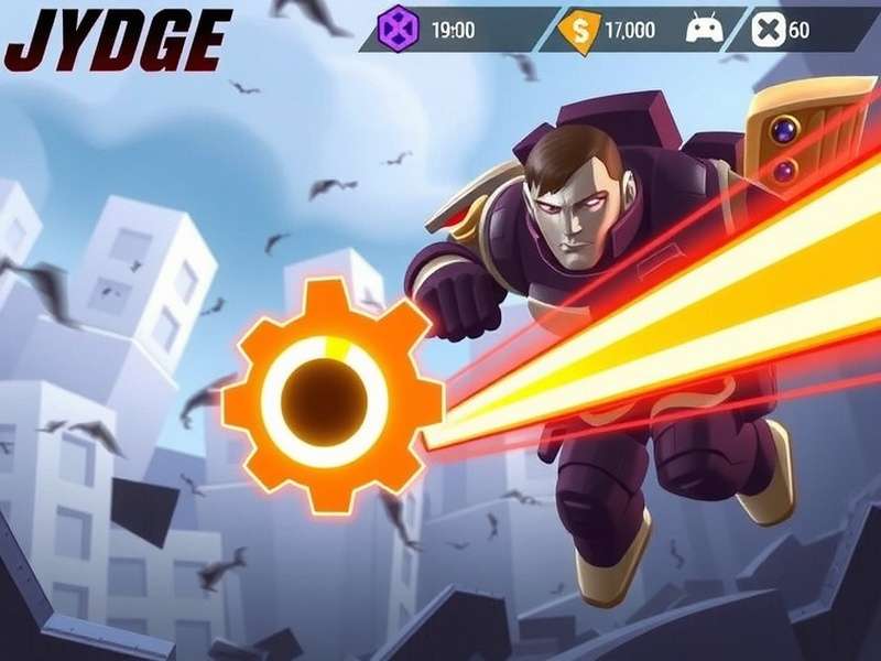 Jydge Mod Apk gameplay screenshot with cyberpunk city and armed character